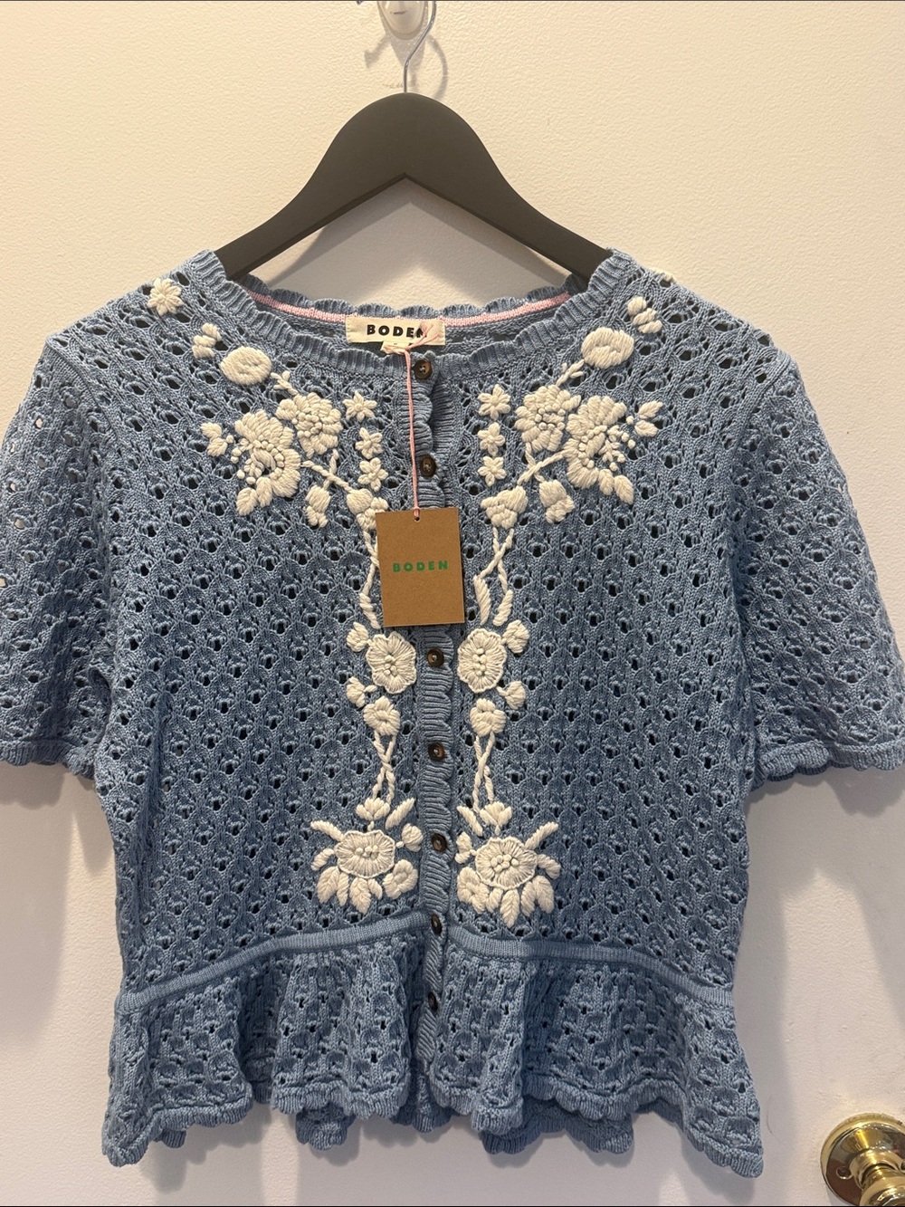 Boden Blue Crochet Knit Top with White Floral Embroidery
